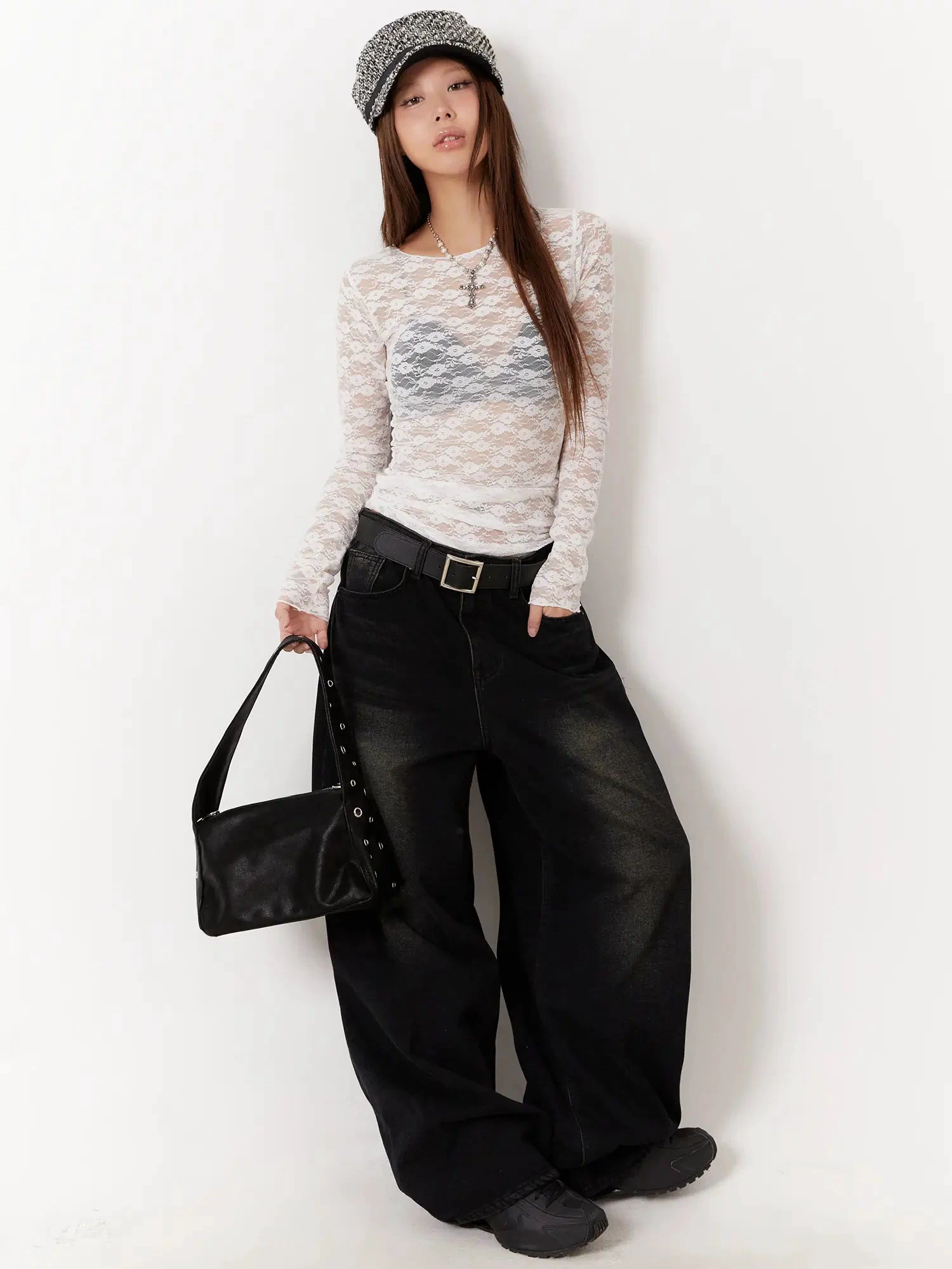 Lace Sheer Long Sleeve Top CD512 in white, full-length front editorial shot on model with cap and black bag, sheer floral lace slim fit, styled with oversized black jeans.
