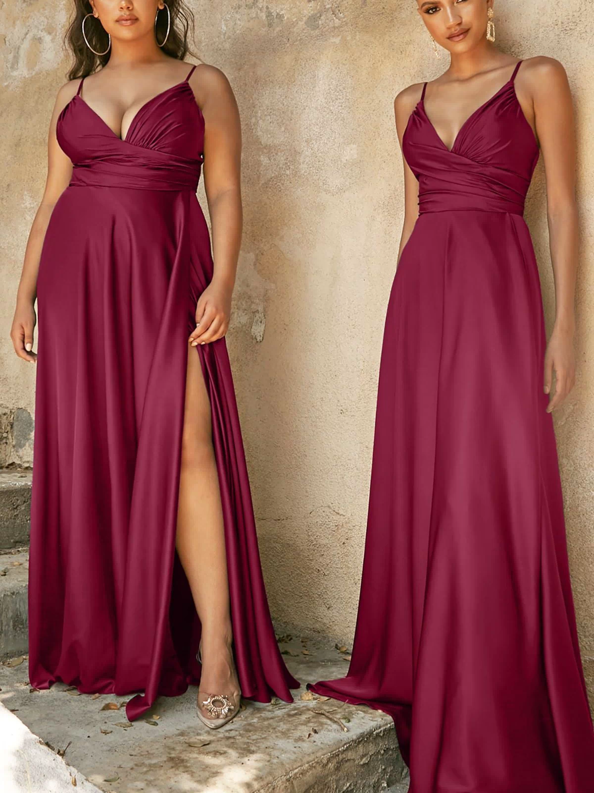 Two women stand side by side in floor-length, sleeveless Classic Long Satin Formal Prom Dress: Ladivine 7485 gowns with V-necklines and gathered waists against a textured beige wall.