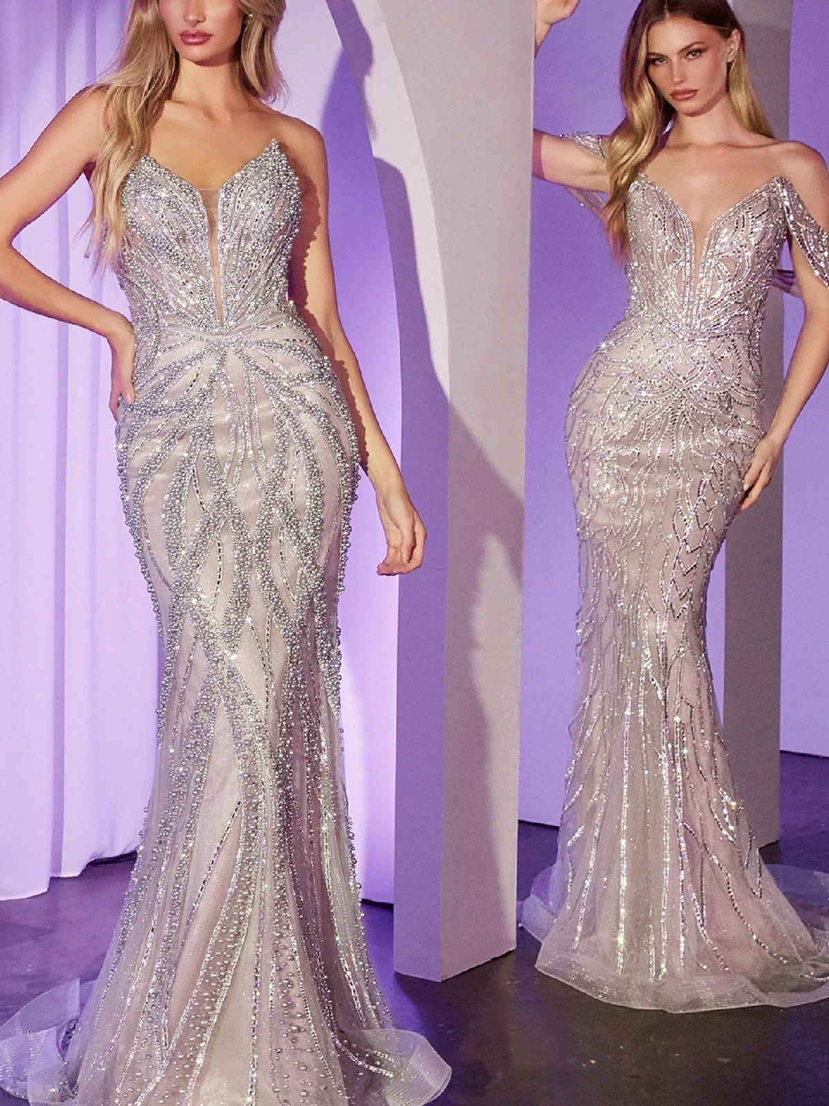 Two women pose indoors in Ladivine CC0688 Strapless Long Beaded Prom Dresses, featuring silver sequin and bead embellishments, in front of light purple curtains and arched structures.