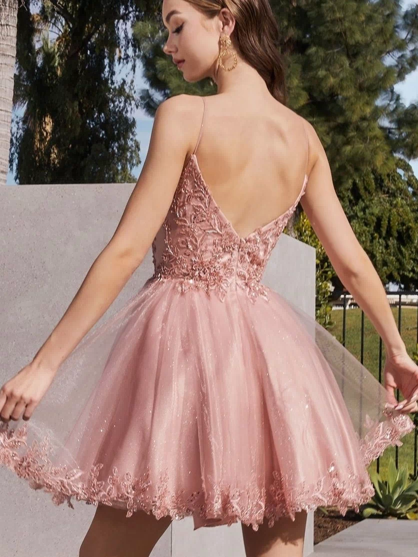 A young woman wears the Short Homecoming Dress CD0213 with Embroidery—a sleeveless blush pink lace A-line dress featuring a deep V-back and delicate embroidered trim—while standing outdoors and holding out the skirt slightly.