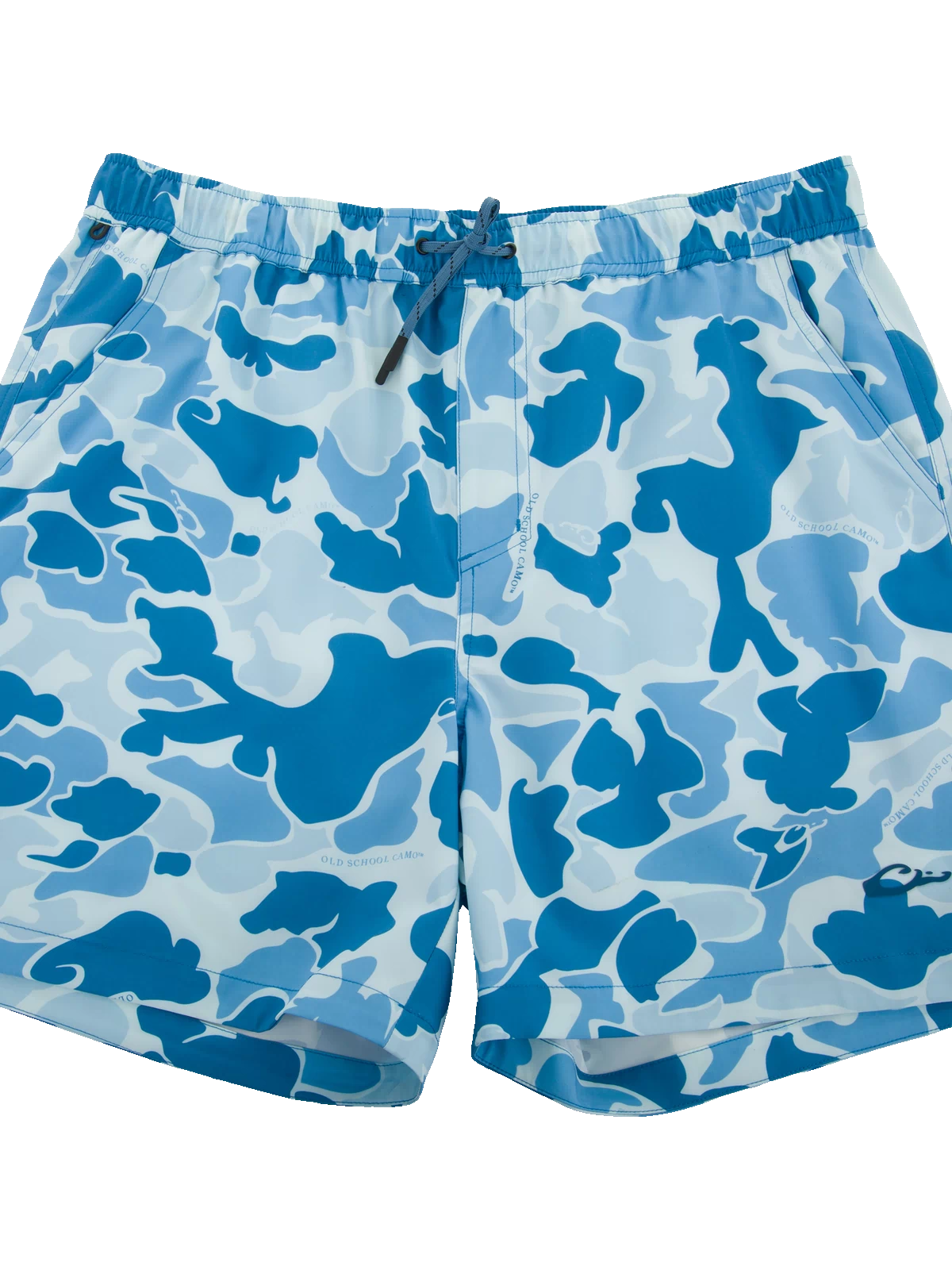 Lake Shore Dock Short with blue camo print, elastic waistband, drawcord, side pockets, and logo detail, designed for comfort and movement in water activities.