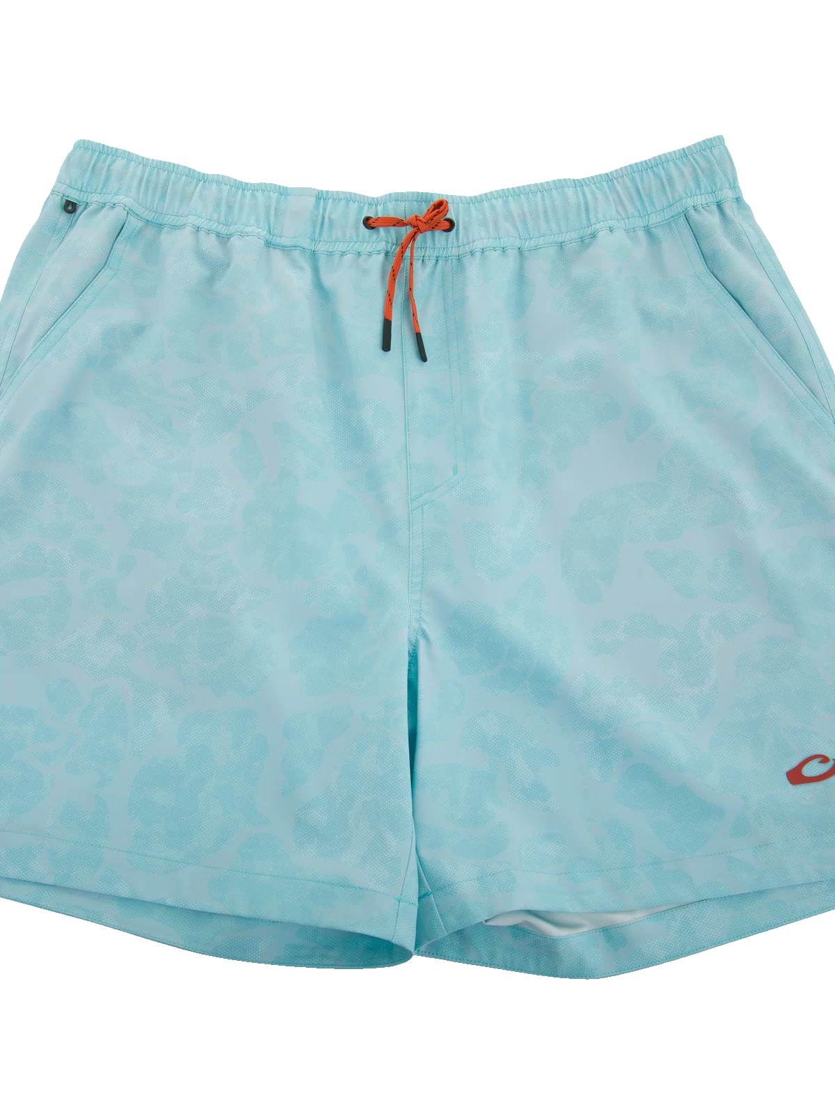 Lake Shore Dock Short with elastic waistband, orange drawcord, side pockets, and subtle animal-print pattern, designed for comfort and water-repellency.