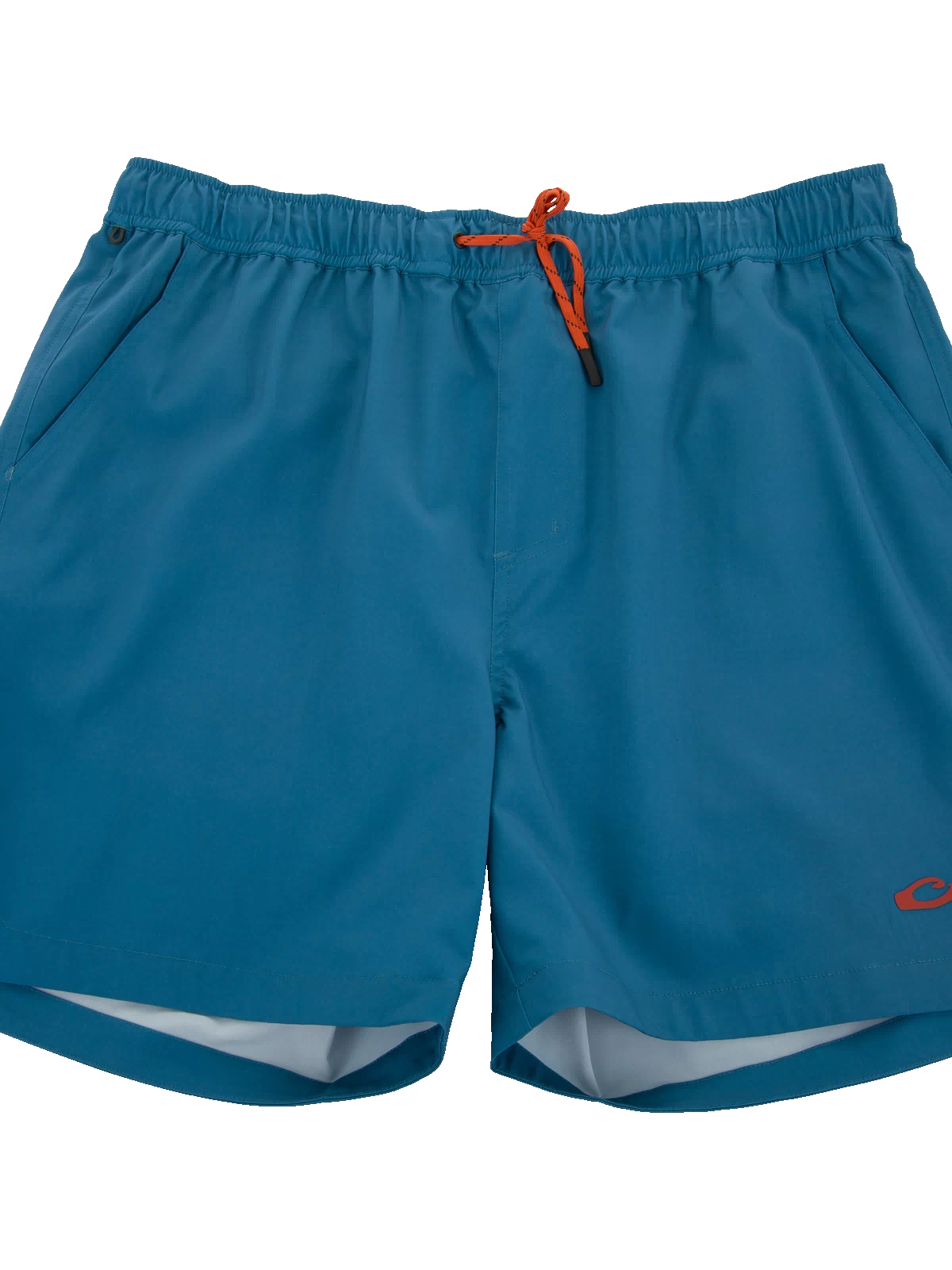 Lake Shore Dock Short with elastic waistband, orange drawstring, side pockets, and DWR finish, ideal for water activities and outdoor comfort.