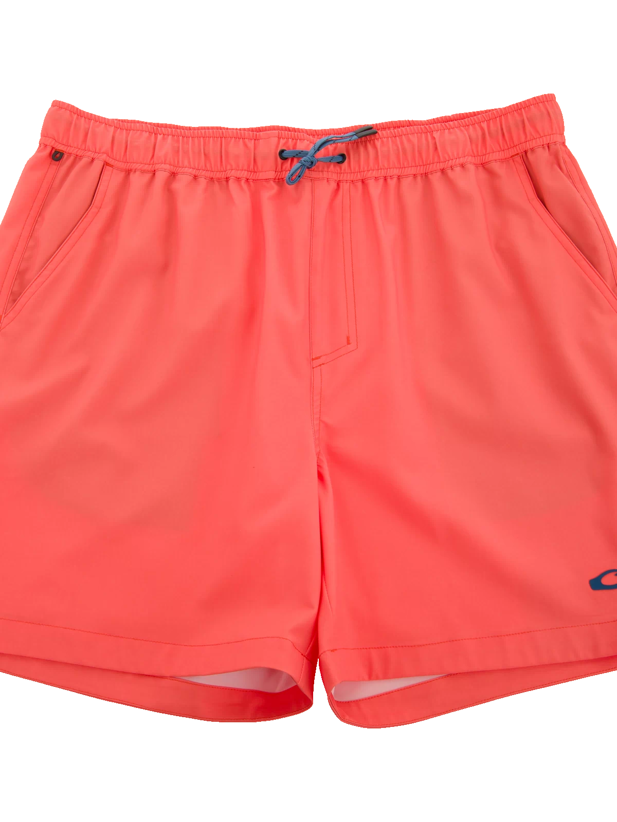 Lake Shore Dock Short with elastic waistband, drawstring, mesh-lined pockets, and logo. Ideal for water activities with durable, stretchy fabric and water-repellent finish.