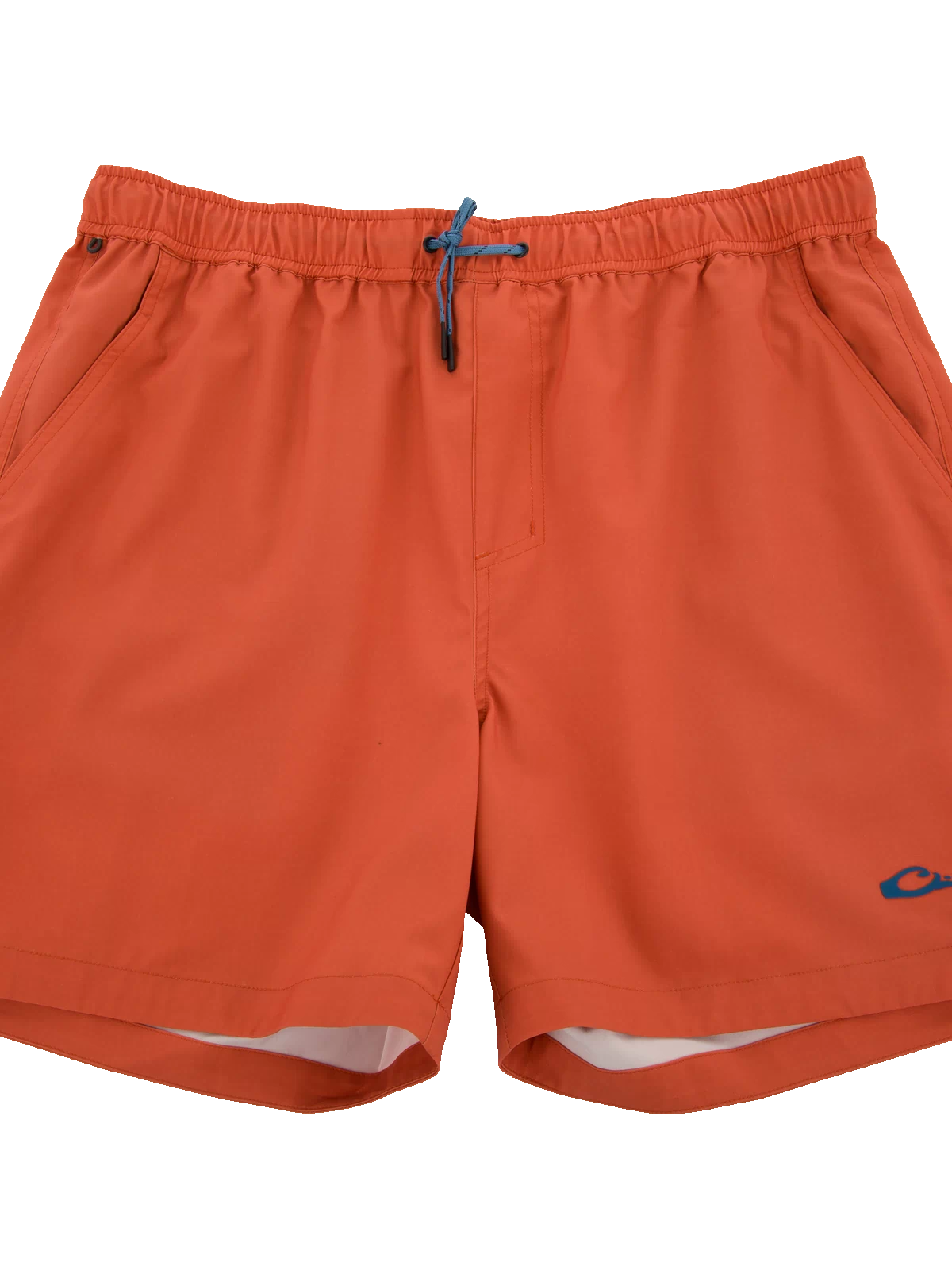 Lake Shore Dock Short with elastic waistband, drawstring, side pockets, and logo, designed for comfort and movement with water-repellent fabric.