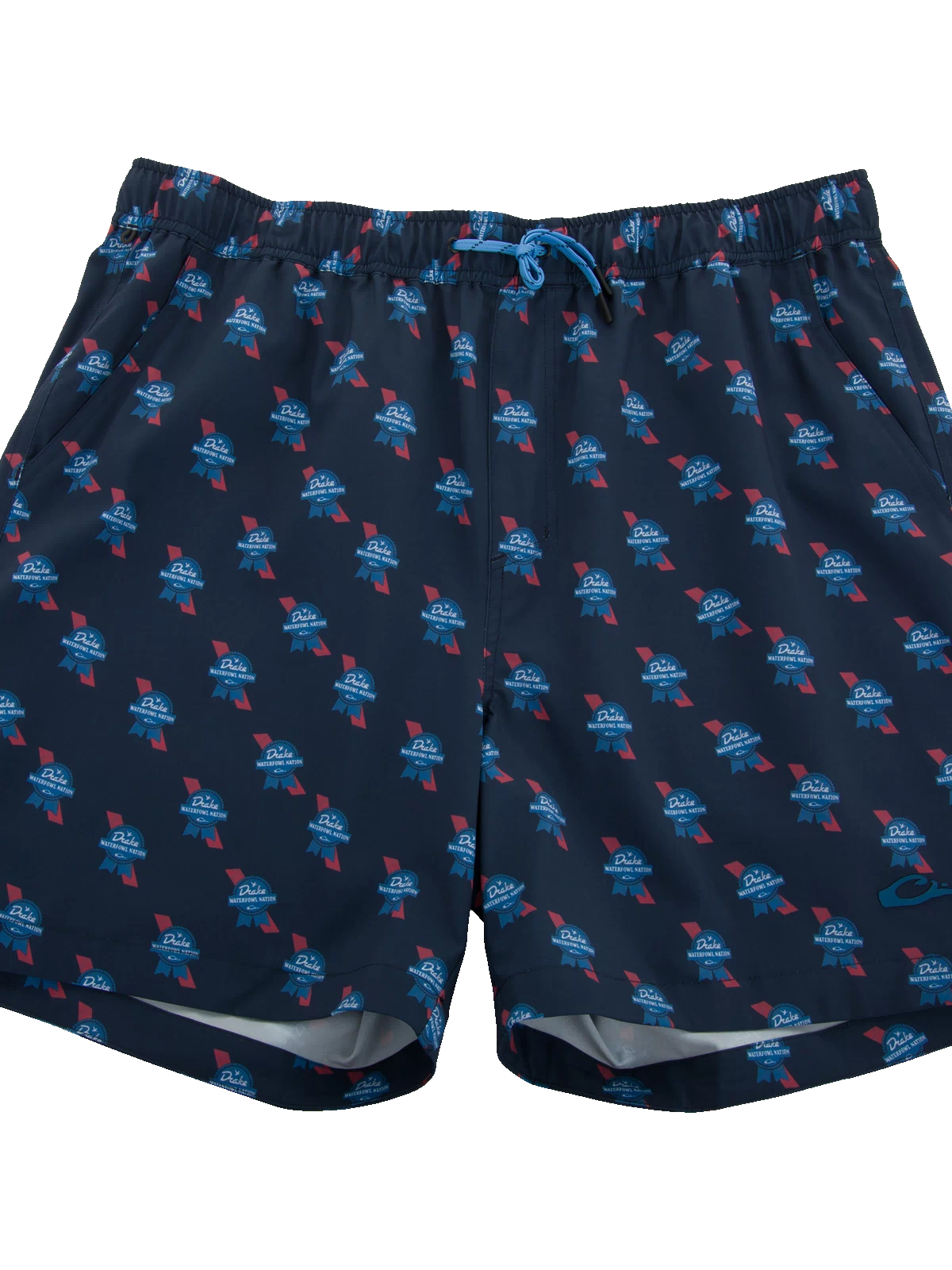 Lake Shore Dock Short featuring a navy design with Drake Waterfowl Nation motif, elastic waistband, drawcord, side pockets, and a small logo near the hem.