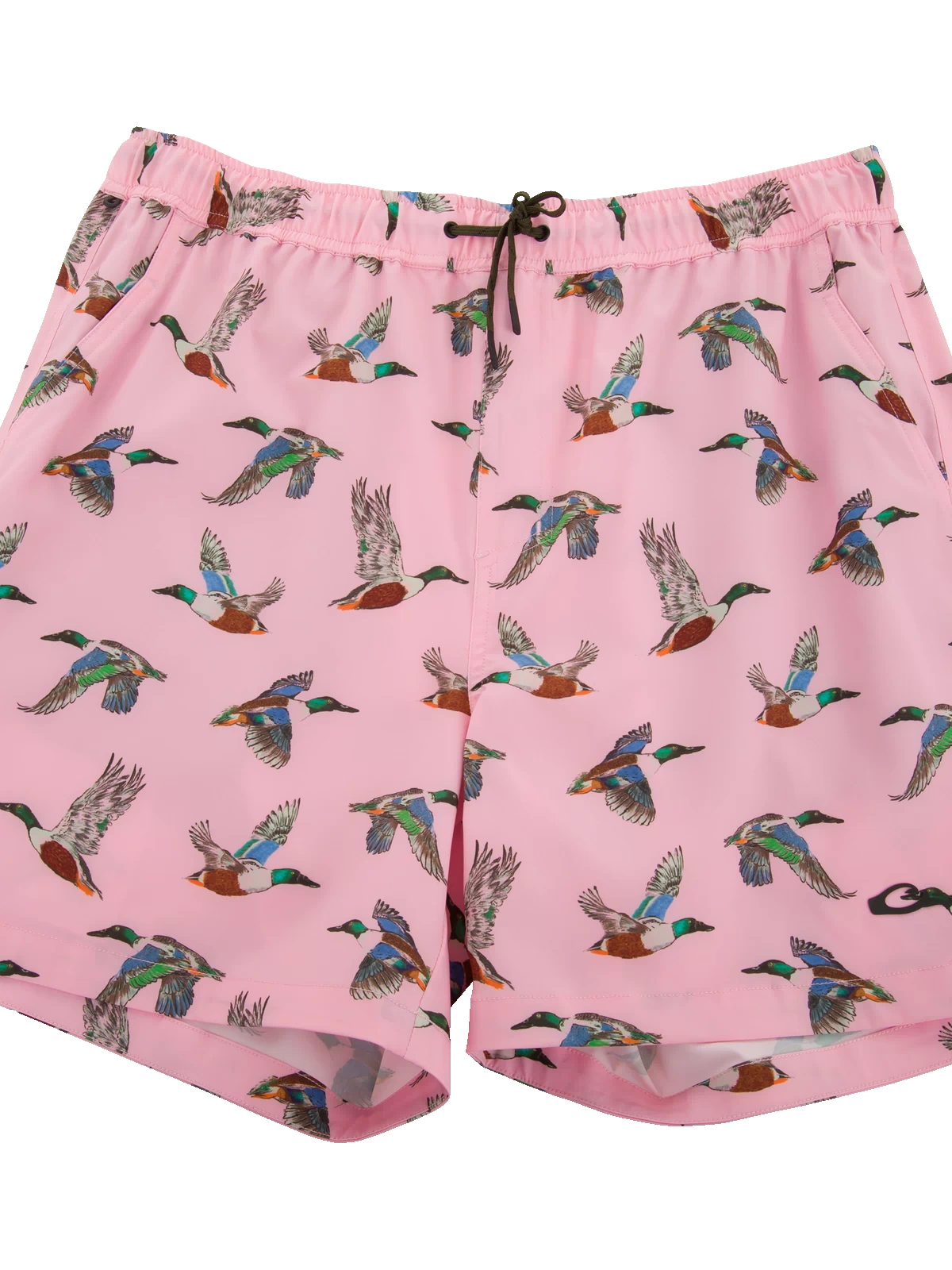 Lake Shore Dock Short with flying duck print, elastic drawstring waistband, mesh-lined and zippered pockets, designed for comfort and movement during water activities.