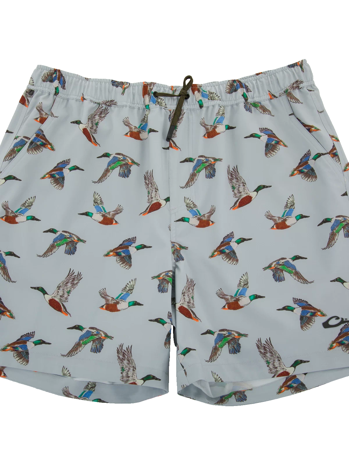 Lake Shore Dock Short with flying mallard print, elastic waistband, drawstring, and pockets, designed for breathable comfort and water resistance in outdoor activities.