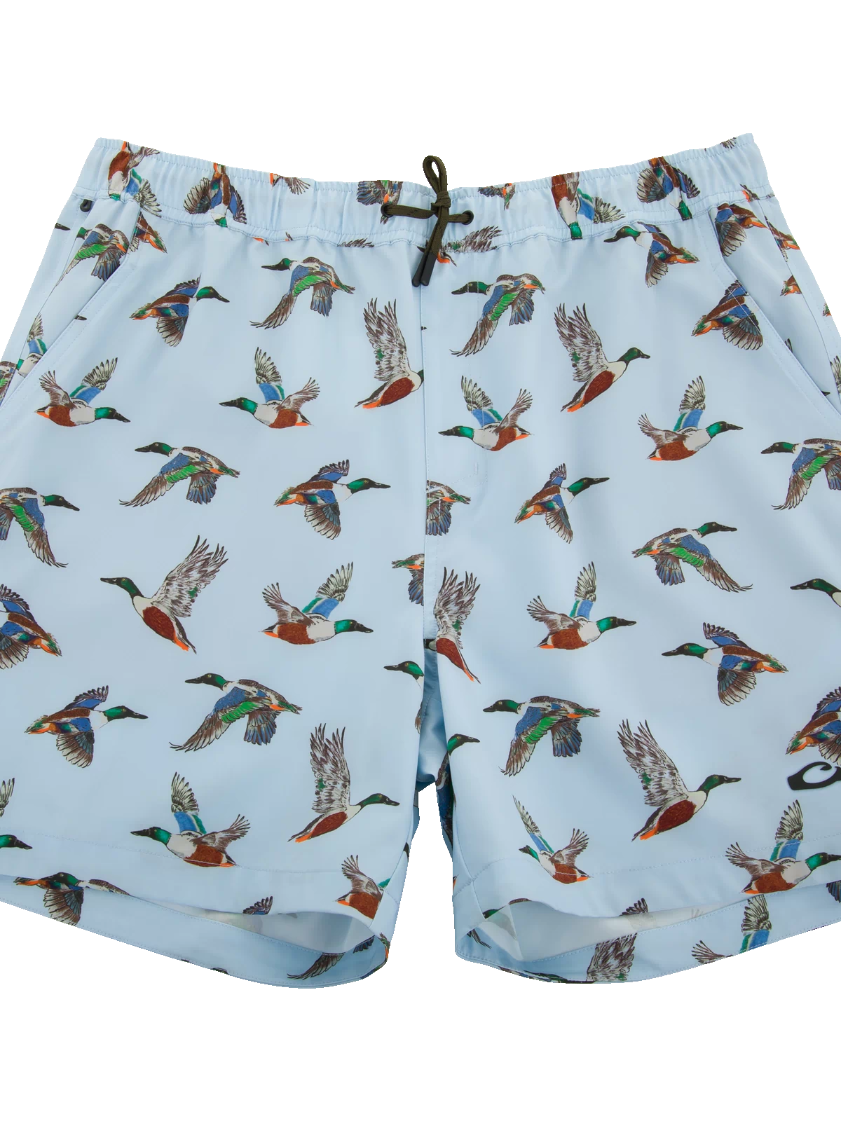 Lake Shore Dock Short with flying mallard print, elastic waistband, drawstring, and pockets; ideal for water activities with DWR finish and stretch fabric.