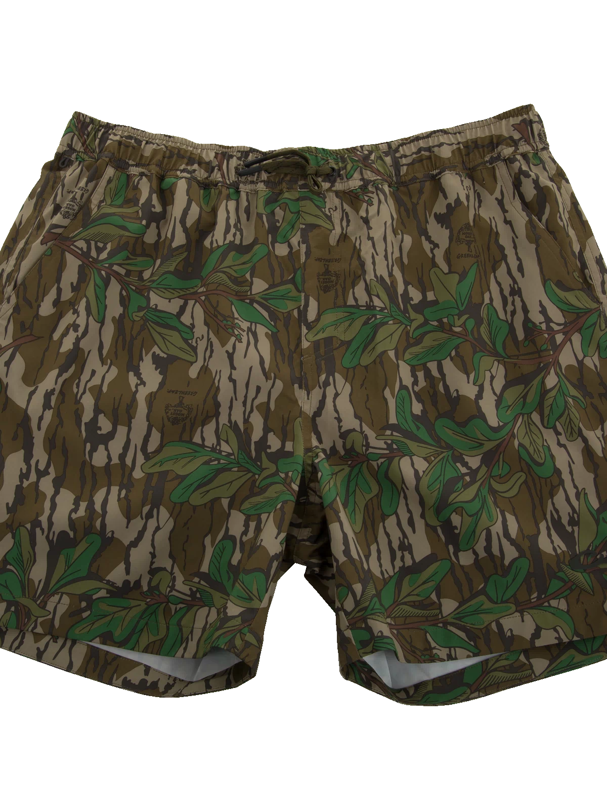 Lake Shore Dock Short featuring a camouflage pattern with green leaves, elastic waistband, drawstring, mesh-lined pockets, and zippered side pocket, ideal for water activities.