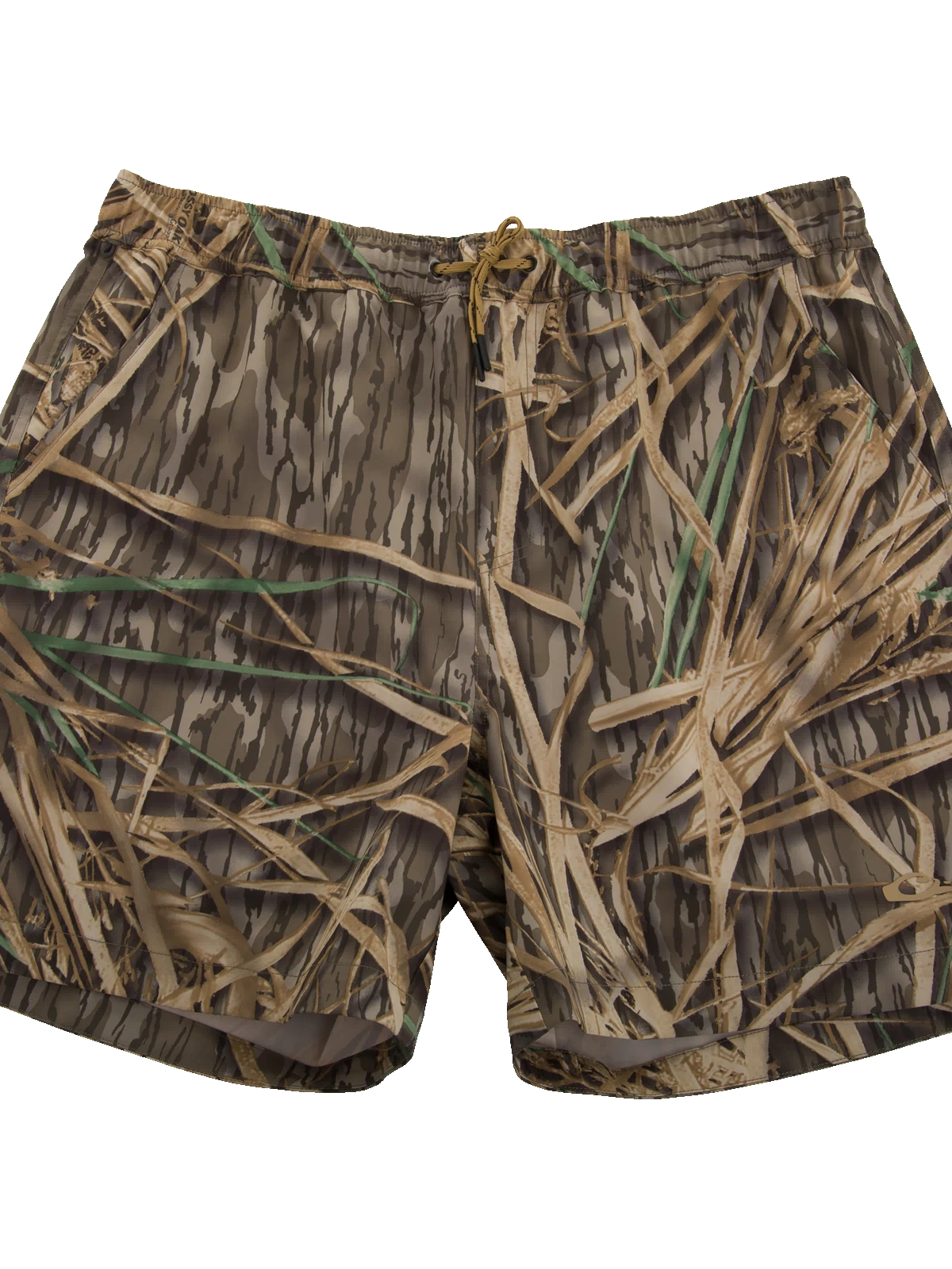 Lake Shore Dock Short with camo grass print, elastic waistband, drawstring, mesh-lined pockets, and water-repellent finish for outdoor comfort and utility.