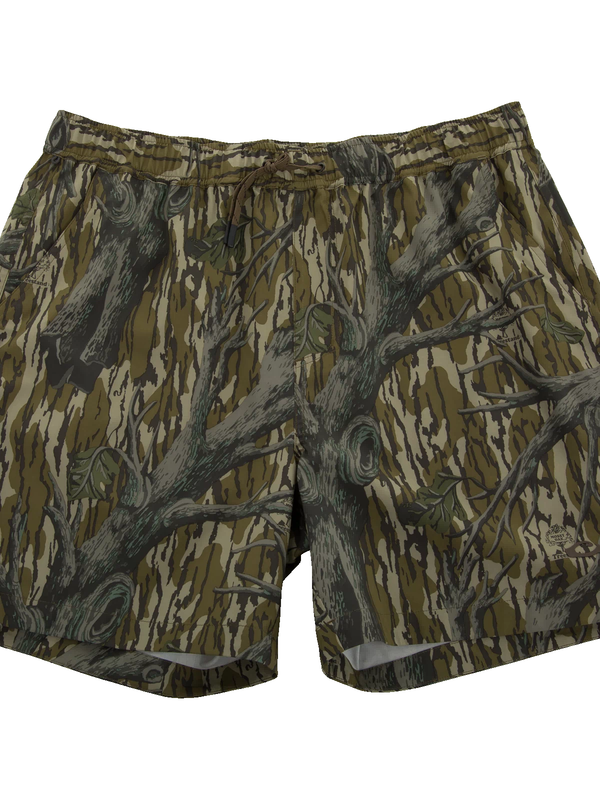 Lake Shore Dock Short features a woodland-camo pattern, elastic waistband with drawstring, and side pockets, offering lightweight comfort and water-repellent finish for outdoor activities.