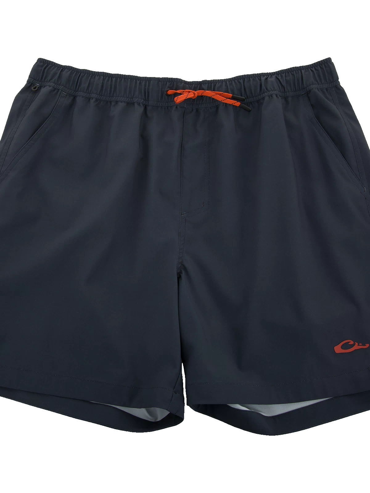 Lake Shore Dock Short, navy blue with an orange draw-cord, features breathable fabric, elastic waistband, mesh-lined pockets, and water-repellent finish for outdoor comfort.