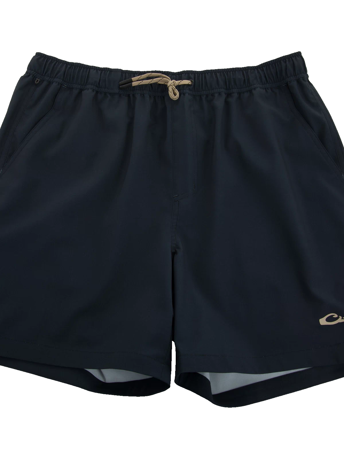 Lake Shore Dock Short with elastic waistband, drawstring, side pockets, and logo on hem, designed for lightweight comfort and water resistance.
