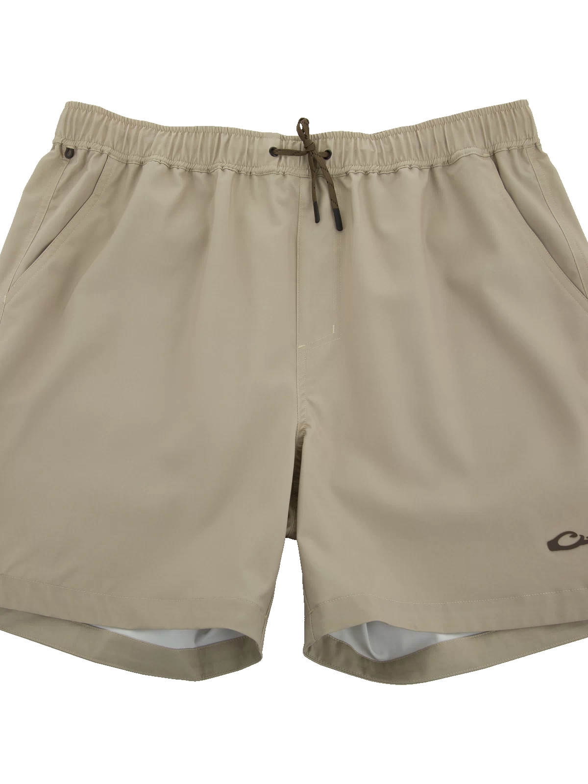 Lake Shore Dock Short with elastic waistband, drawstring, angled pockets, and a small logo, designed for comfort and movement with water-repellent fabric.