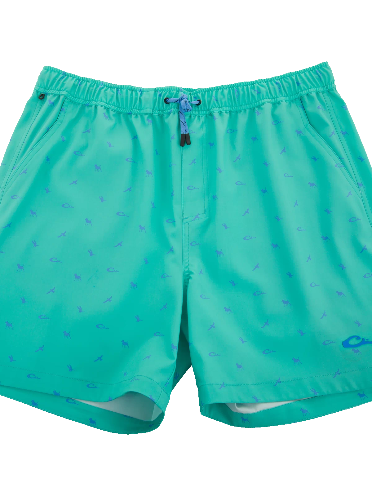 Lake Shore Dock Short in turquoise with blue motifs, featuring elastic waistband, drawcord, side pockets, and a water-repellent finish for comfort and functionality.