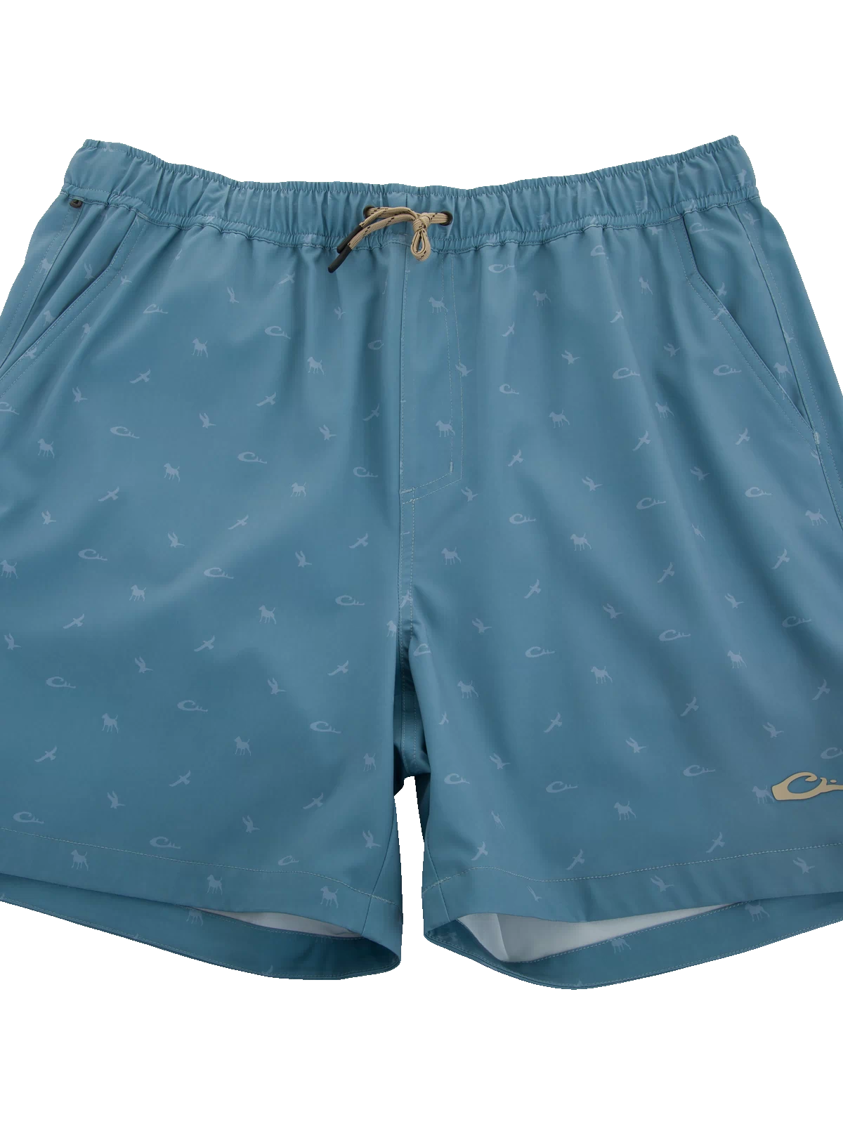 Lake Shore Dock Short with elastic waistband, drawstring, and tiny motifs. Features mesh-lined pockets, zippered side pocket, and water-repellent fabric for versatile outdoor use.