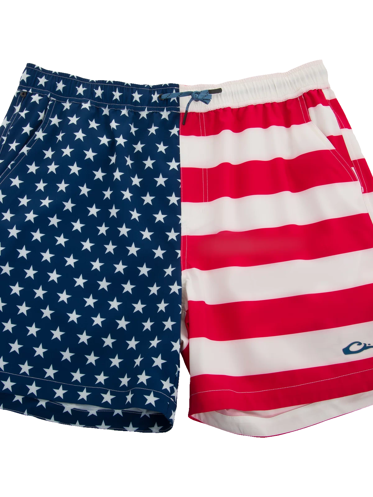 Americana Lake Shore Dock Short features U.S. flag design, breathable stretch fabric, water-repellent finish, elastic waistband, and practical pockets for outdoor water activities.
