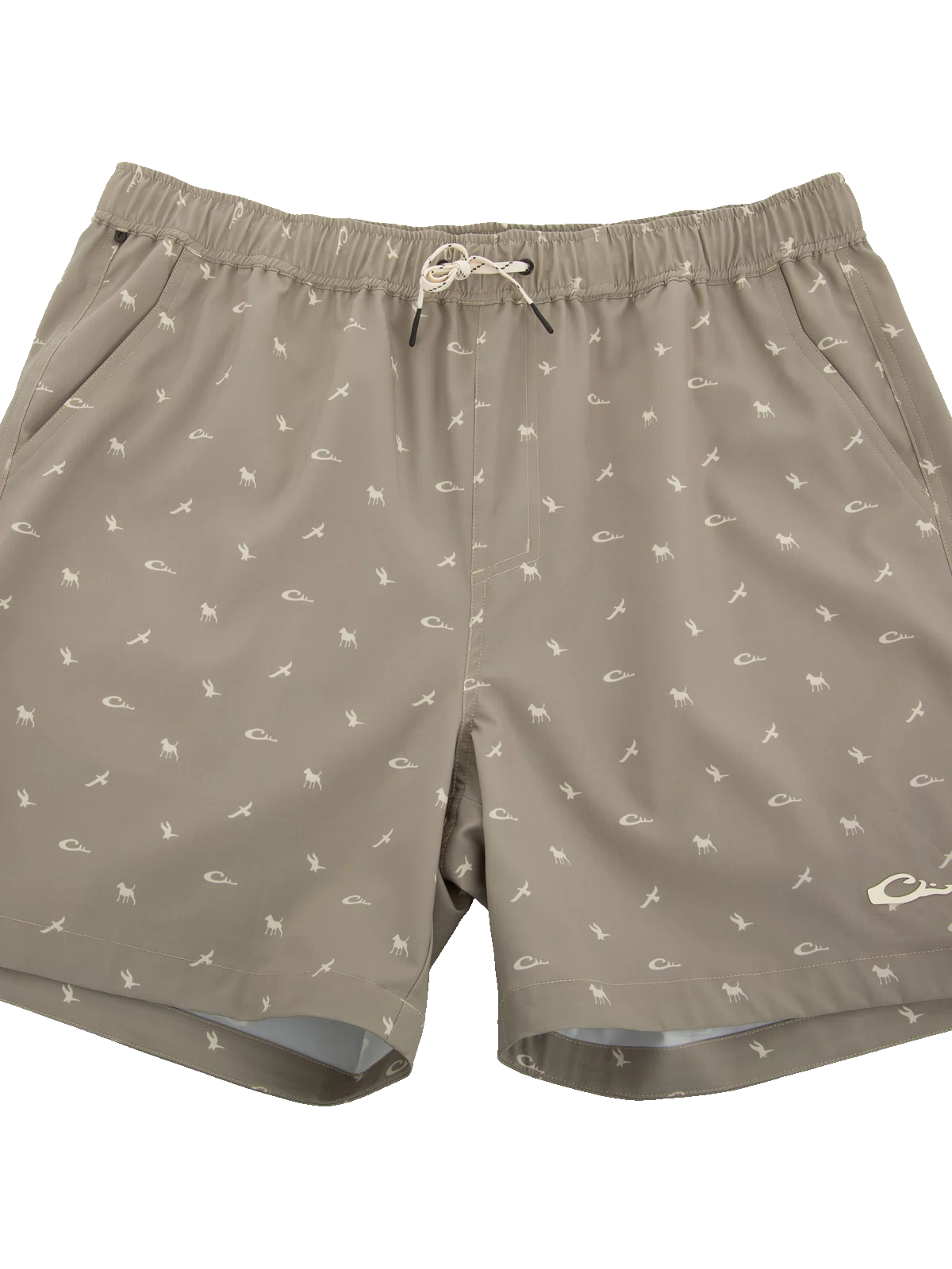Lake Shore Dock Short with elastic waistband, drawstring, micro-print design, mesh-lined front pockets, and zippered side pocket, ideal for water activities and outdoor comfort.