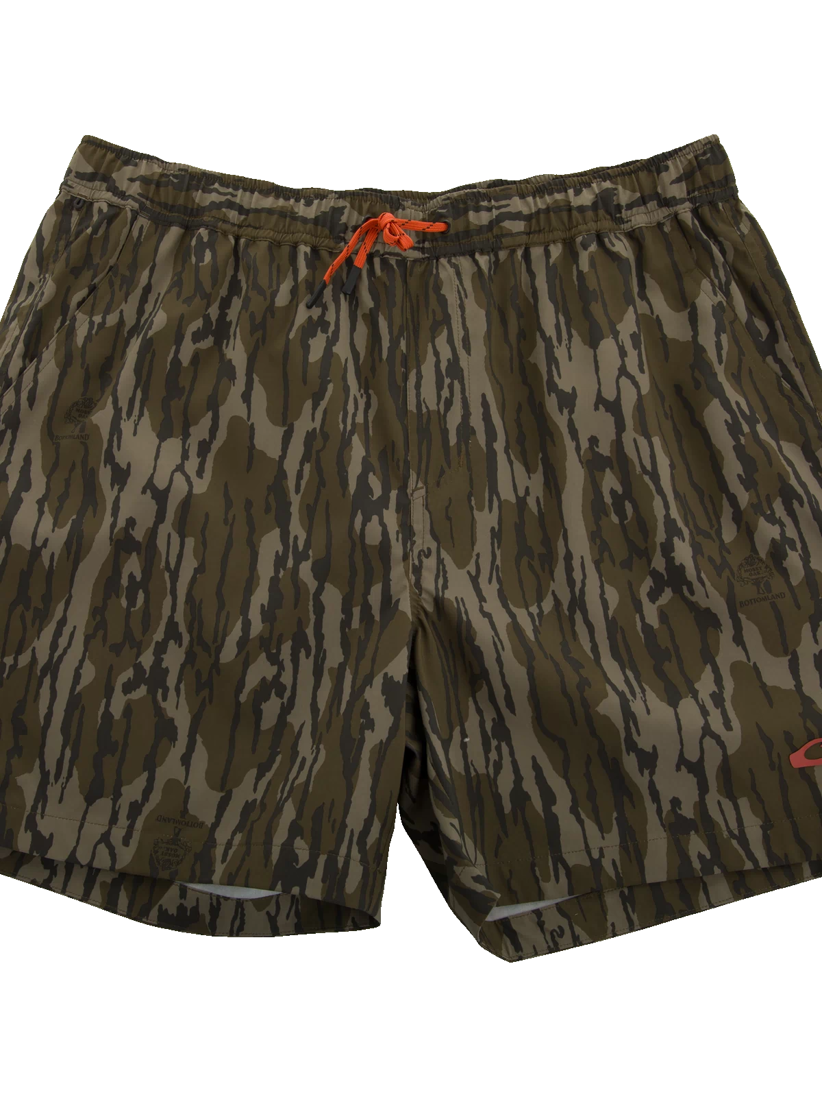 Lake Shore Dock Short with twig camouflage print, bright orange drawcord, and logo. Features elastic waistband, mesh-lined pockets, and zippered side pocket for outdoor activities.