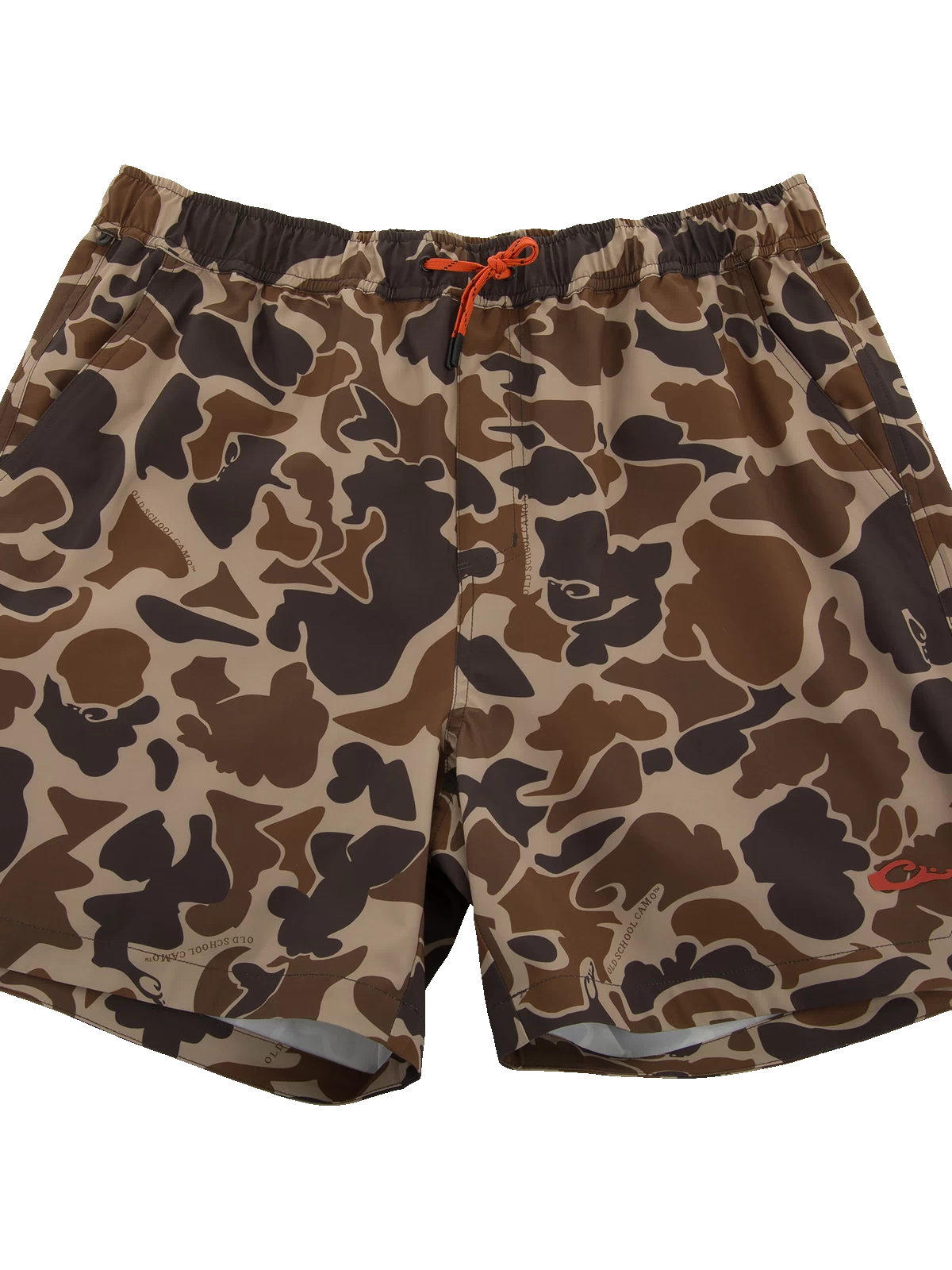 Men’s Americana Lake Shore Dock Short, camo-print, with elastic waistband, orange drawstring, and pockets; ideal for water activities, featuring lightweight, stretch fabric, and water-repellent finish.