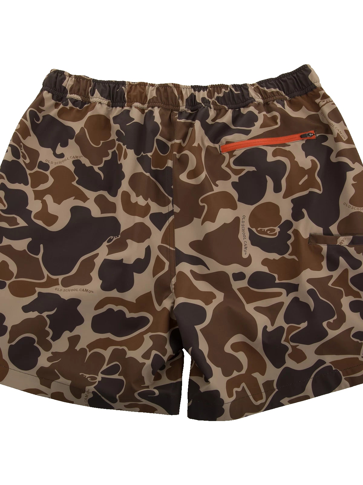 Americana Lake Shore Dock Short featuring a camo print, elastic waistband, rear zippered pocket, and breathable fabric, perfect for outdoor and water activities.