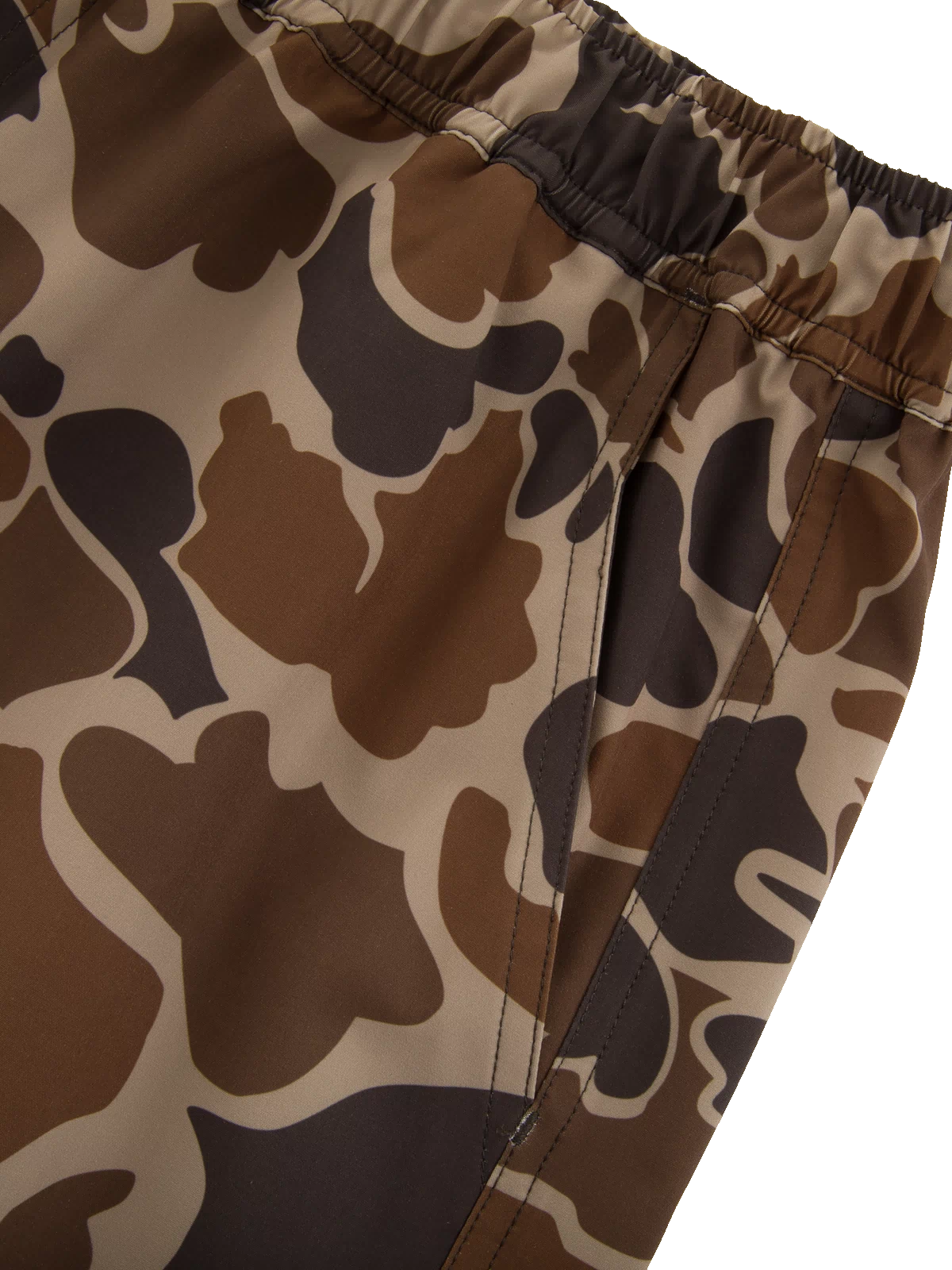 Americana Lake Shore Dock Short with elastic waistband, side zippered pocket, and brown camouflage pattern, ideal for water activities with lightweight, stretchable, water-repellent fabric.