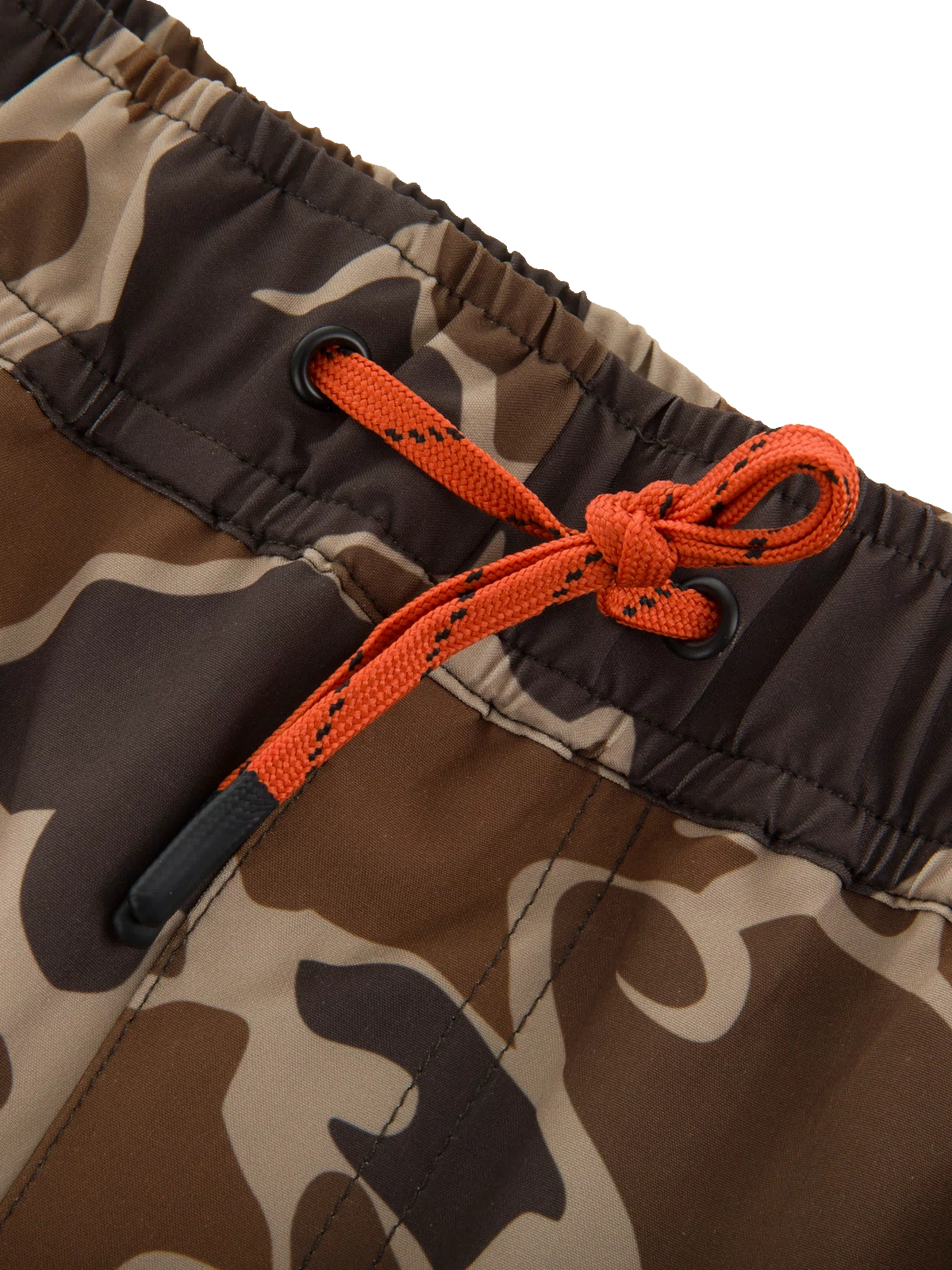 Close-up of Americana Lake Shore Dock Short's camouflage waistband with orange drawcord, highlighting the adjustable fit and durable water-repellent finish for outdoor comfort.