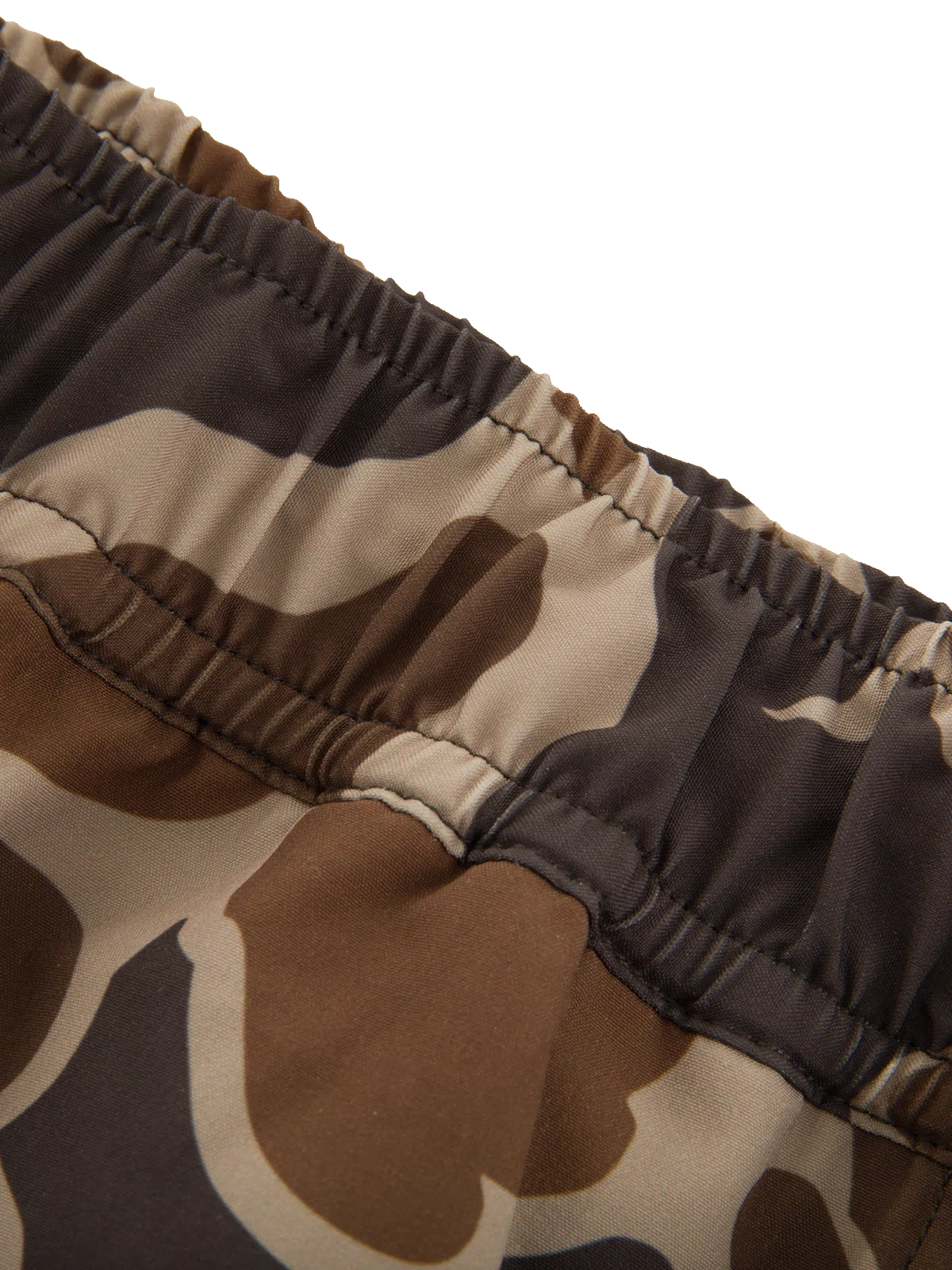 Close-up of the Lake Shore Dock Short's elastic waistband, showcasing its camo print and stretchy, water-repellent fabric for outdoor and water activities.