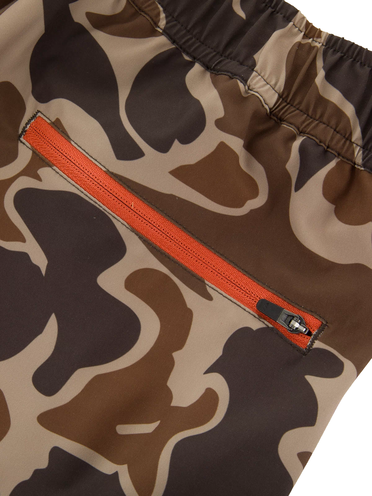 Close-up of Lake Shore Dock Short's camo fabric with an orange zipper, highlighting the durable, water-repellent design and functional pocket for outdoor activities.