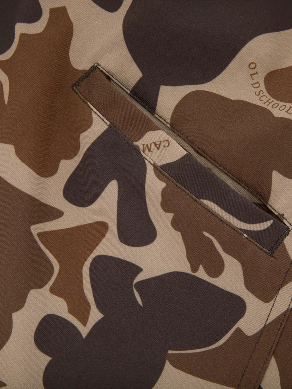 Close-up of Americana Lake Shore Dock Short featuring “OLDSCHOOL CAMO™” print with welt pocket, showcasing lightweight, stretch fabric ideal for outdoor water activities.