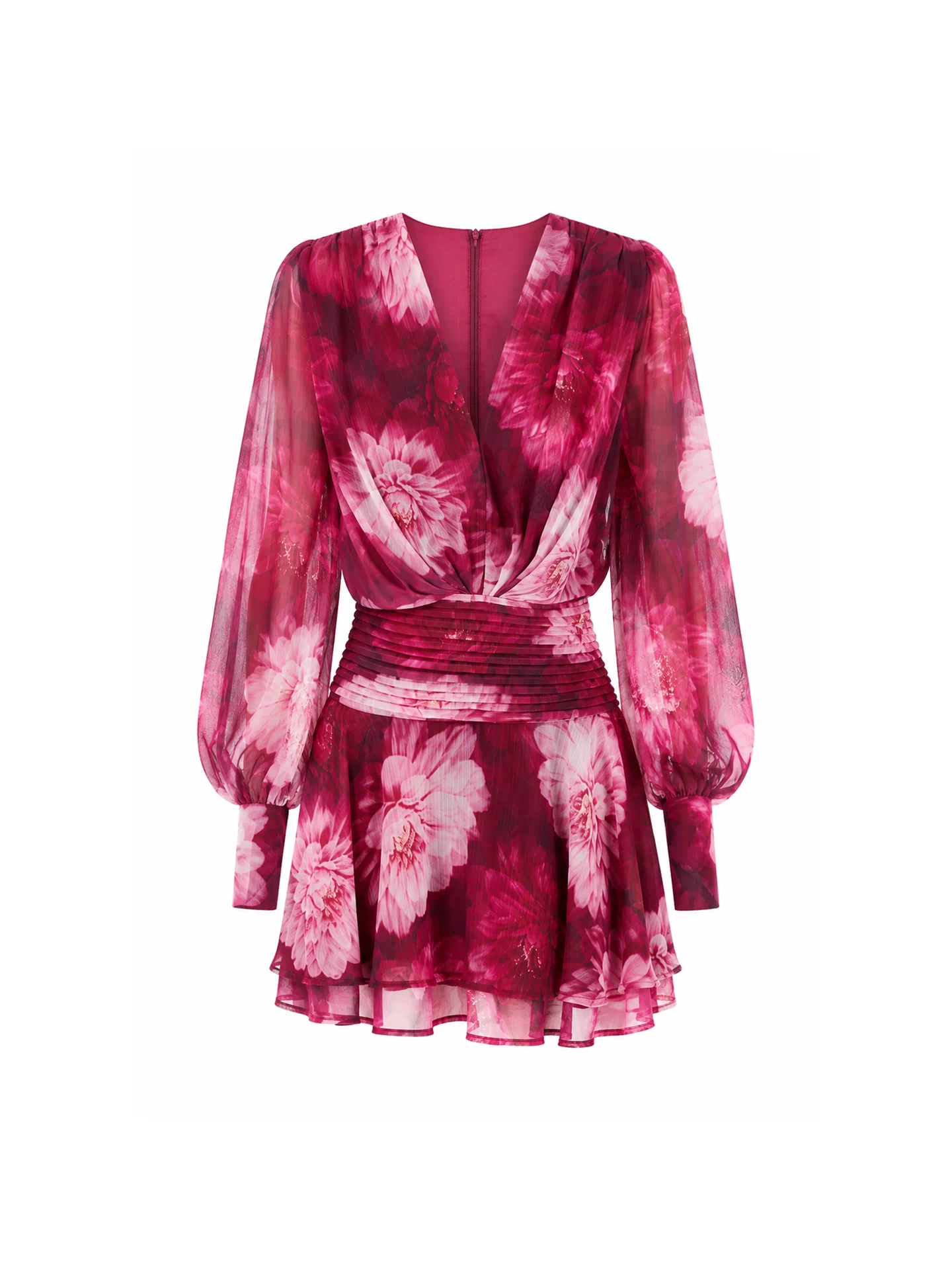 Ghost image: Lanarah Mini Dress in Ruby Dahlia with a plunging V-neckline, draped bodice, long sheer blouson sleeves, fitted pleated waistband and flowing mini-length silhouette.
