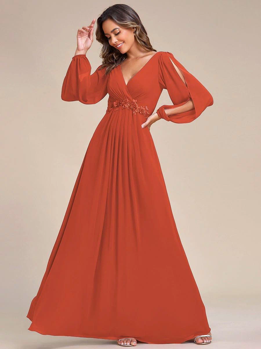 Lantern Long Slit Sleeve Deep V Applique Maxi Evening Dress #color_Burnt Orange