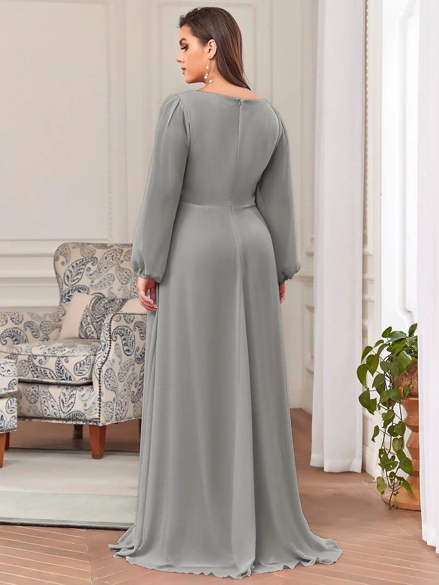 Lantern Long Slit Sleeve Deep V Applique Maxi Evening Dress #color_Grey