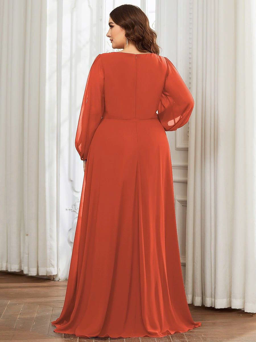 Lantern Long Slit Sleeve Deep V Applique Maxi Evening Dress #color_Burnt Orange