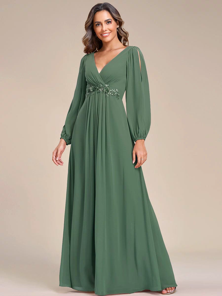 Stylish Chiffon Plus Size Evening Dresses with Long Lantern Sleeves #color_Eucalyptus Green