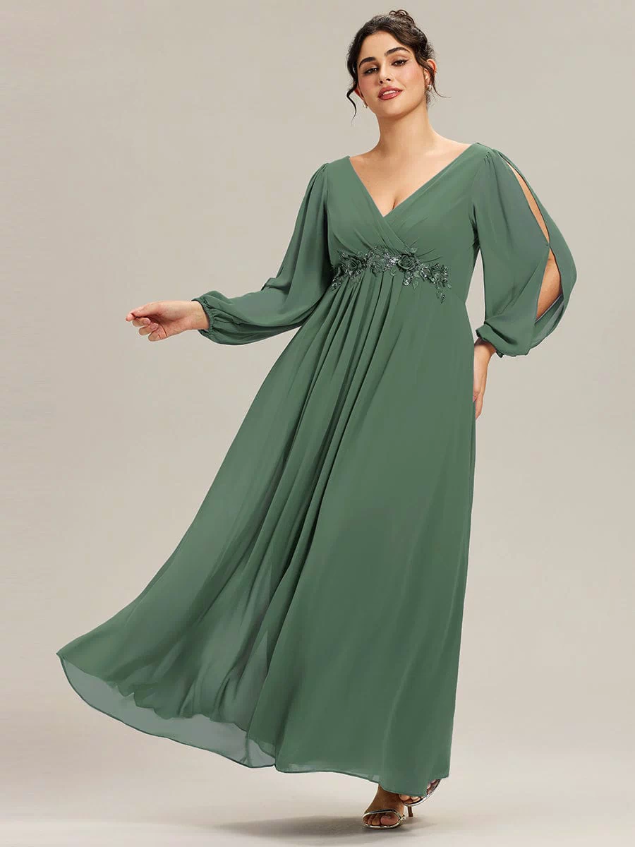Stylish Chiffon Plus Size Evening Dresses with Long Lantern Sleeves #color_Eucalyptus Green