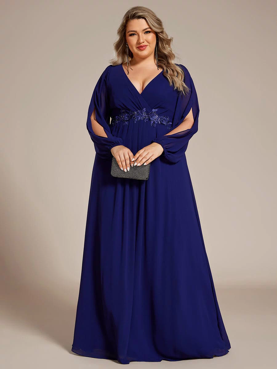 Stylish Chiffon Plus Size Evening Dresses with Long Lantern Sleeves #color_Royal Blue