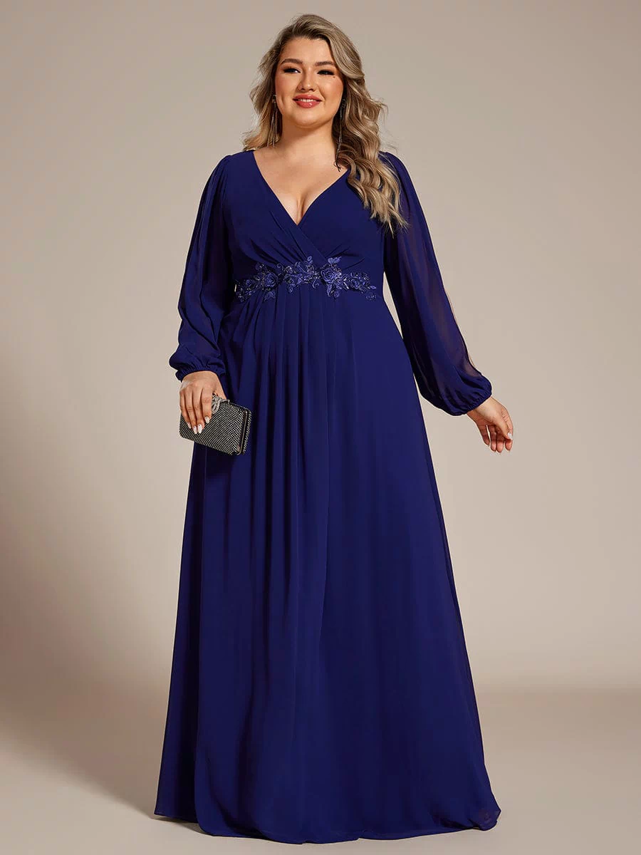 Stylish Chiffon Plus Size Evening Dresses with Long Lantern Sleeves #color_Royal Blue