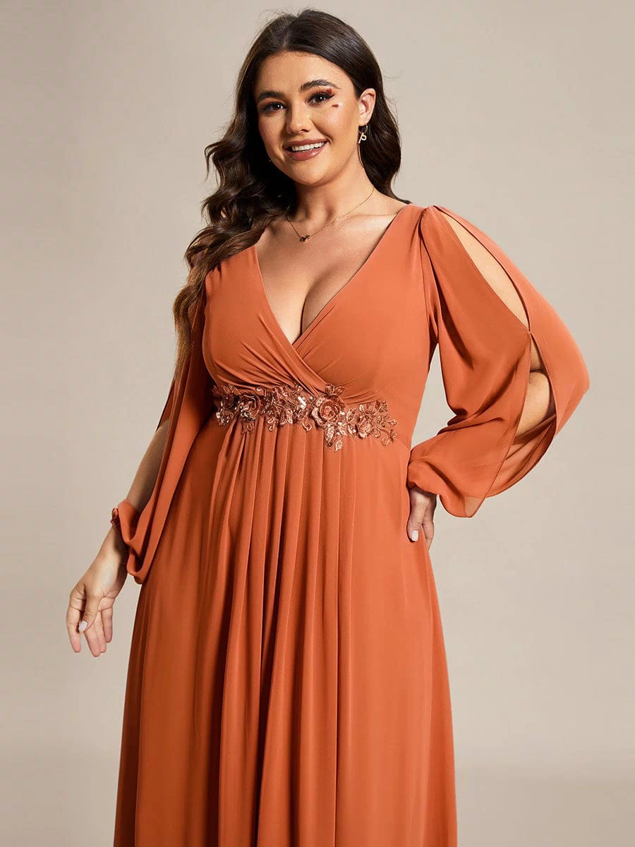 Lantern Long Slit Sleeve Deep V Applique Maxi Evening Dress #color_Brandied Melon
