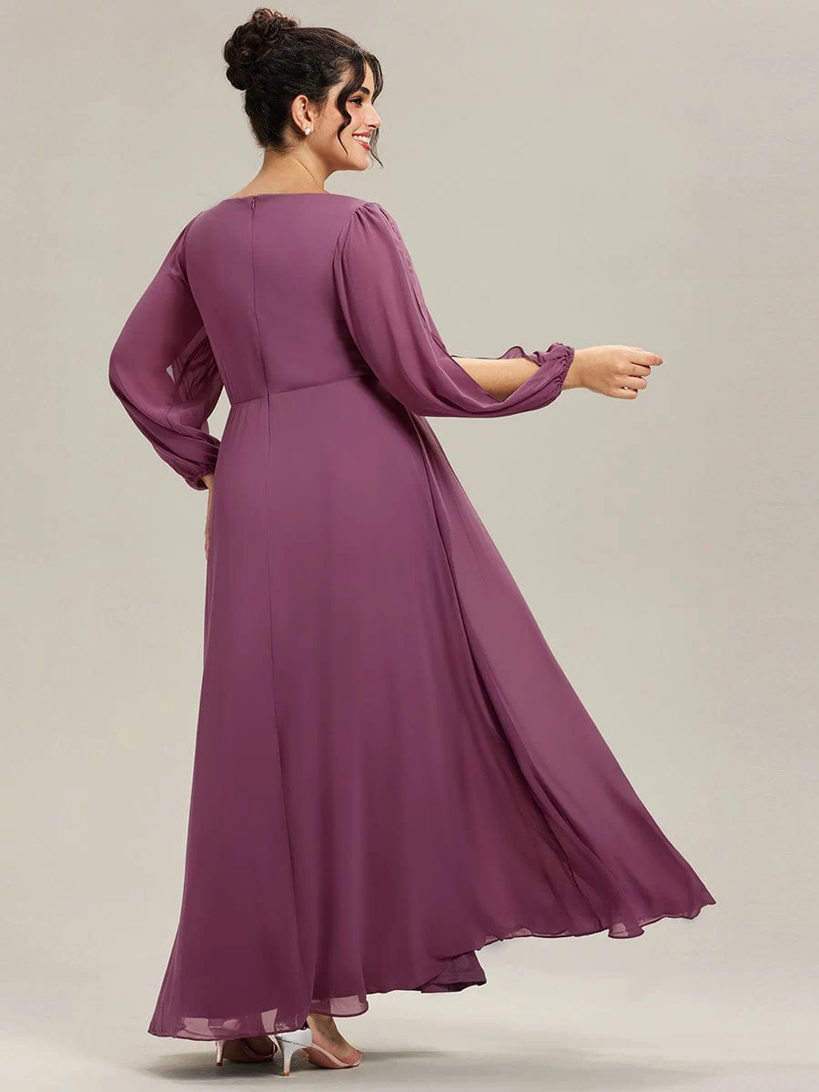 Lantern Long Slit Sleeve Deep V Applique Maxi Evening Dress #color_Damson