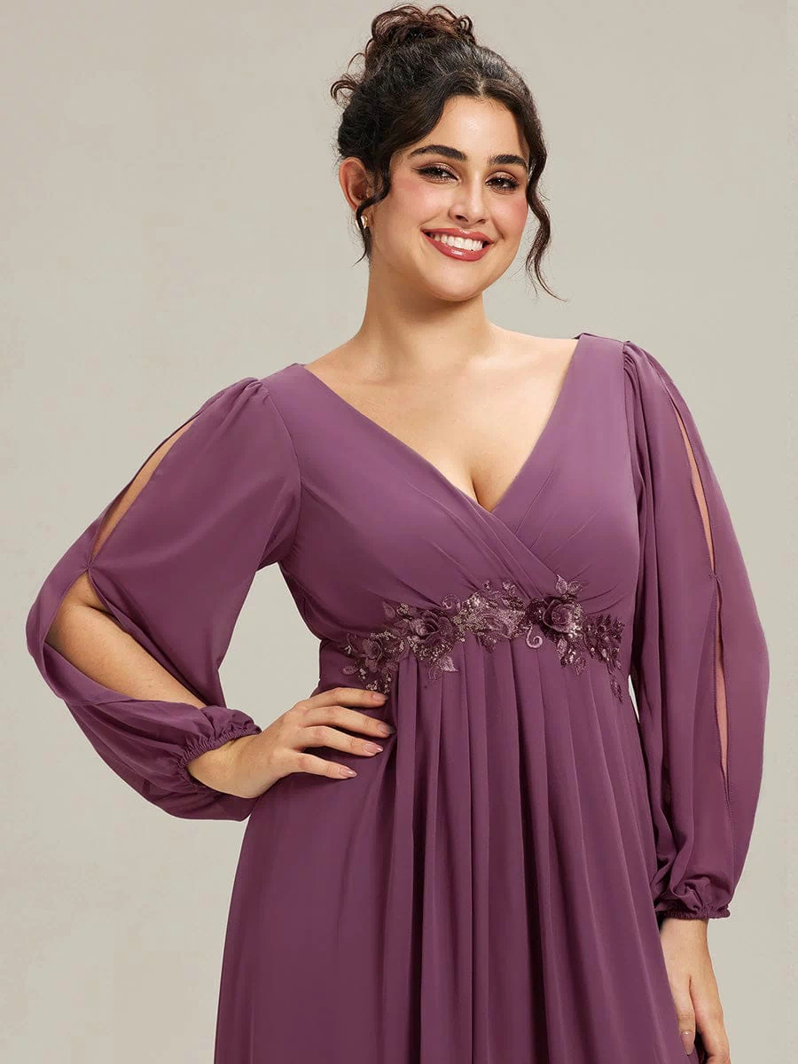 Lantern Long Slit Sleeve Deep V Applique Maxi Evening Dress #color_Damson