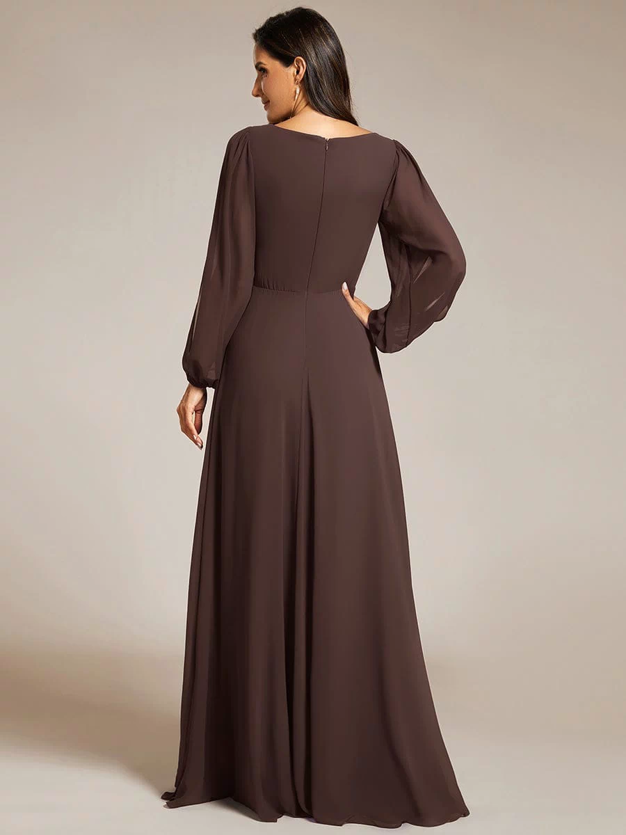 Lantern Long Slit Sleeve Deep V Applique Maxi Evening Dress #color_Espresso