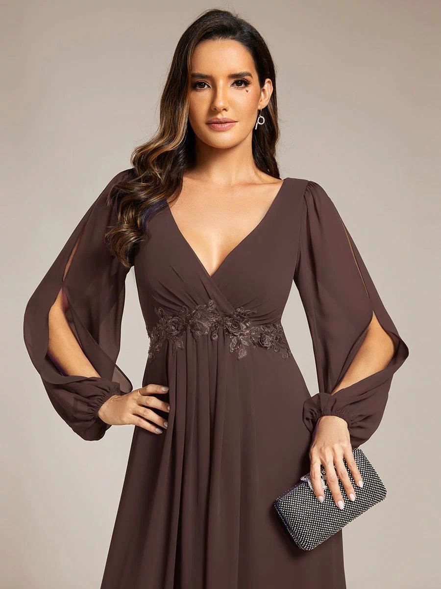 Lantern Long Slit Sleeve Deep V Applique Maxi Evening Dress #color_Espresso