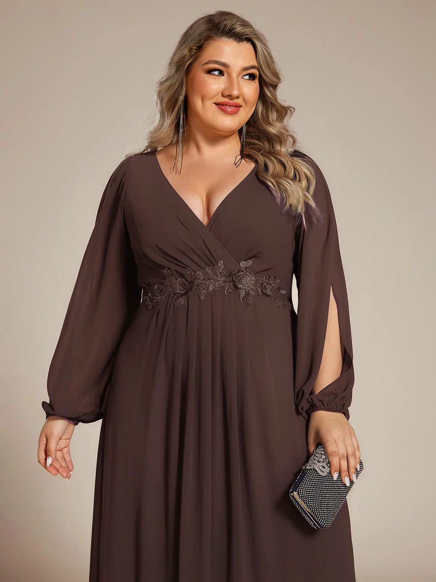Lantern Long Slit Sleeve Deep V Applique Maxi Evening Dress #color_Espresso