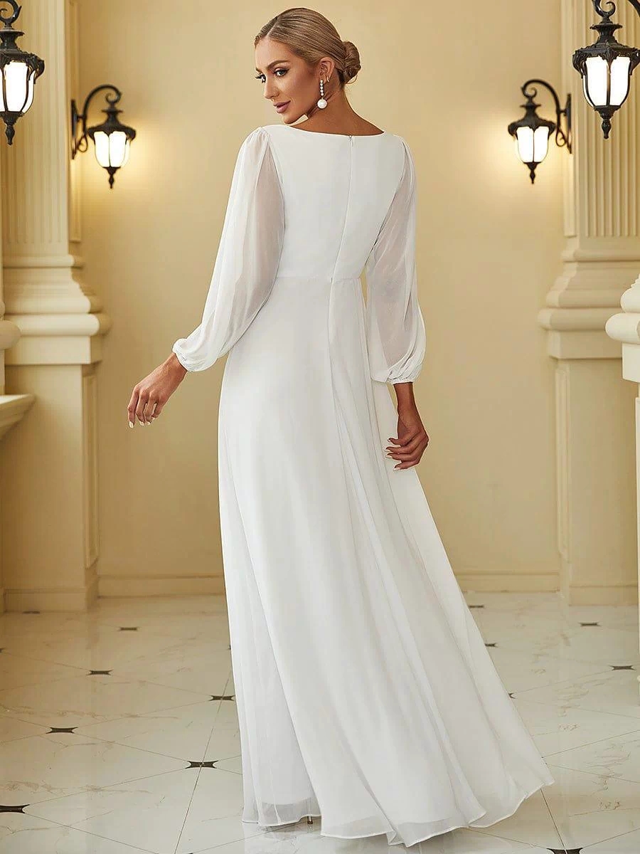 Lantern Long Slit Sleeve Deep V Applique Maxi Evening Dress #color_Cream