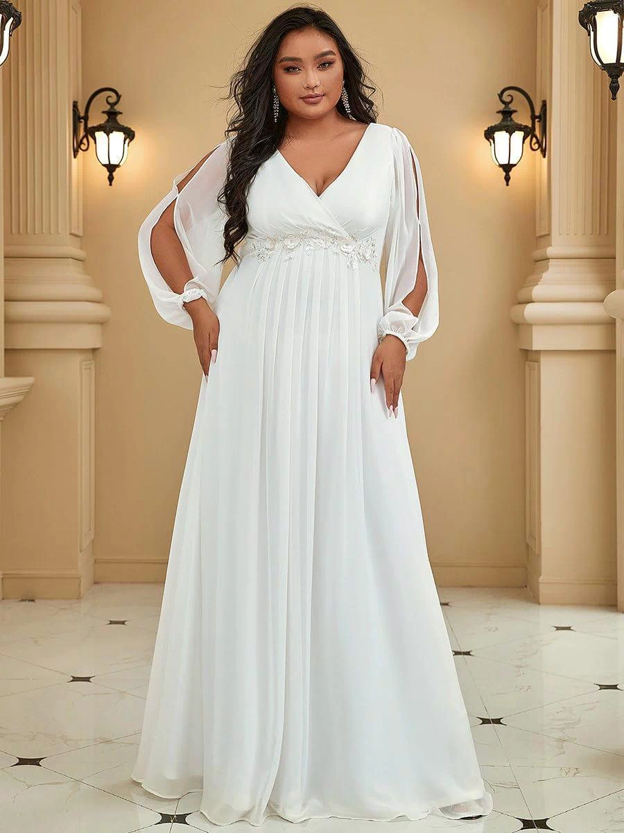Lantern Long Slit Sleeve Deep V Applique Maxi Evening Dress #color_Cream