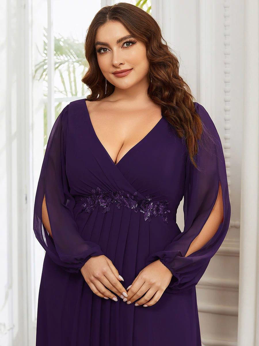 Lantern Long Slit Sleeve Deep V Applique Maxi Evening Dress #color_Dark Purple