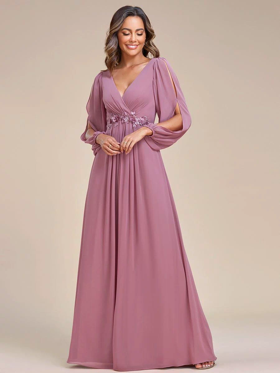 Lantern Long Slit Sleeve Deep V Applique Maxi Evening Dress #color_Purple Orchid