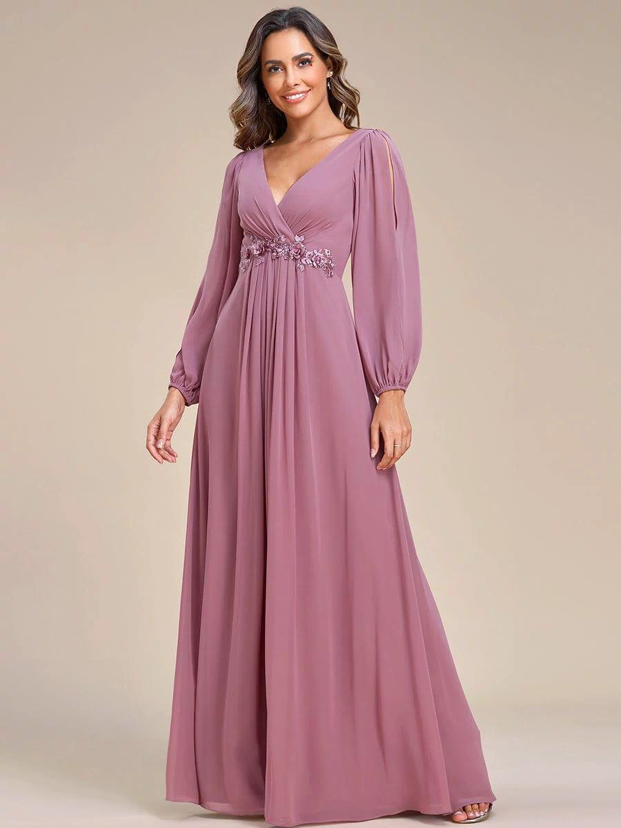 Lantern Long Slit Sleeve Deep V Applique Maxi Evening Dress #color_Purple Orchid